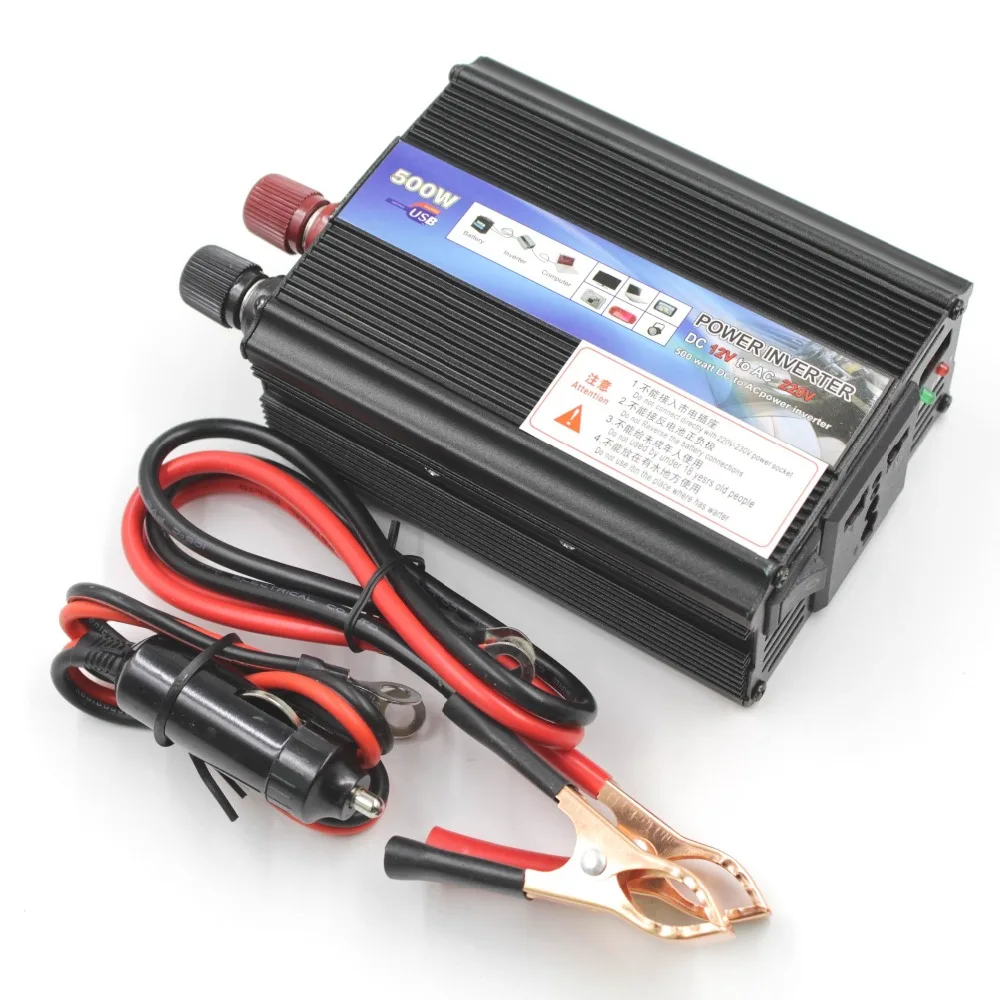 

500W Car Power Inverter DC 12V to AC 220V Car Battery Power Transfer Converter Tools With Clips And Cigarette Lighter Cable