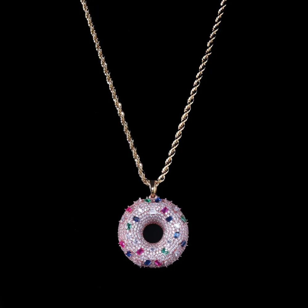 UWIN Двусторонняя симпатичная форма пончика подвеска ожерелья Мода розовое золото цвет полный ледяной цветной кубический цирконий хип-хоп ювелирные изделия - Окраска металла: Светло-желтый, золотистый цвет