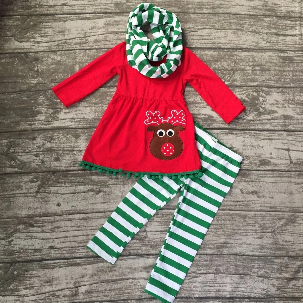 Fall/winter 3 pieces scarf Christmas top baby girls outfits reindeer print green stripes pant boutique children clothes pom pom Fall/winter 3 pieces scarf Christmas top baby girls outfits reindeer print green stripes pant boutique children clothes pom pom