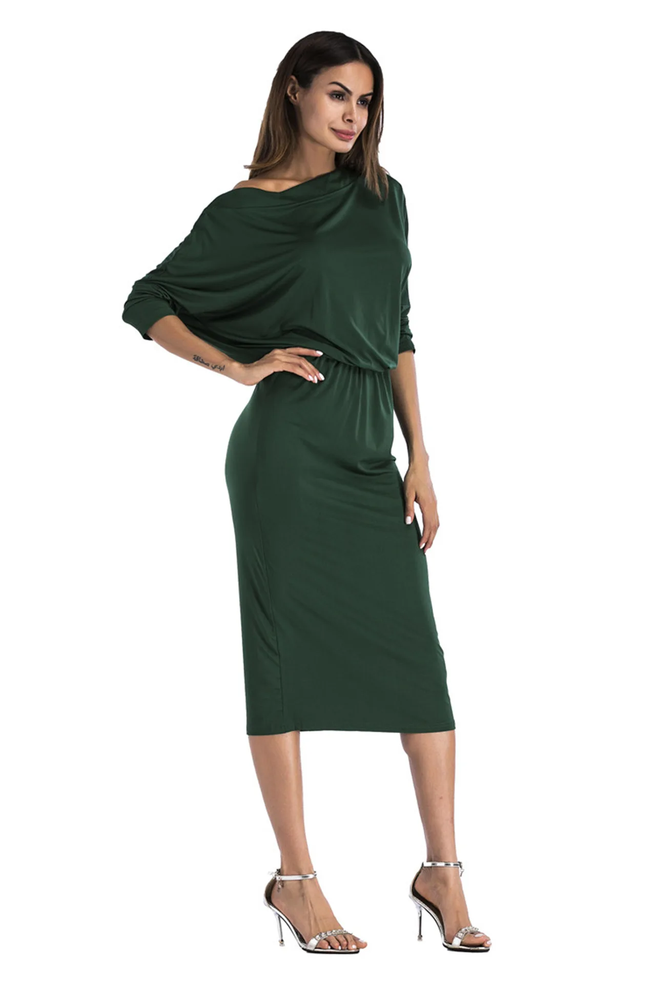 Женское платье, сексуальное, средней длины, с открытыми плечами, армейское зеленое, с вырезом лодочкой, платье размера плюс, элегантное, облегающее, вечерние платья, vestidos mujer