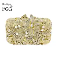 Boutique De FGG Elegant Crystal Evening Purse Women Metal Minaudiere Handbag Wedding Flower Handbag Bridal Gold Clutch Bag