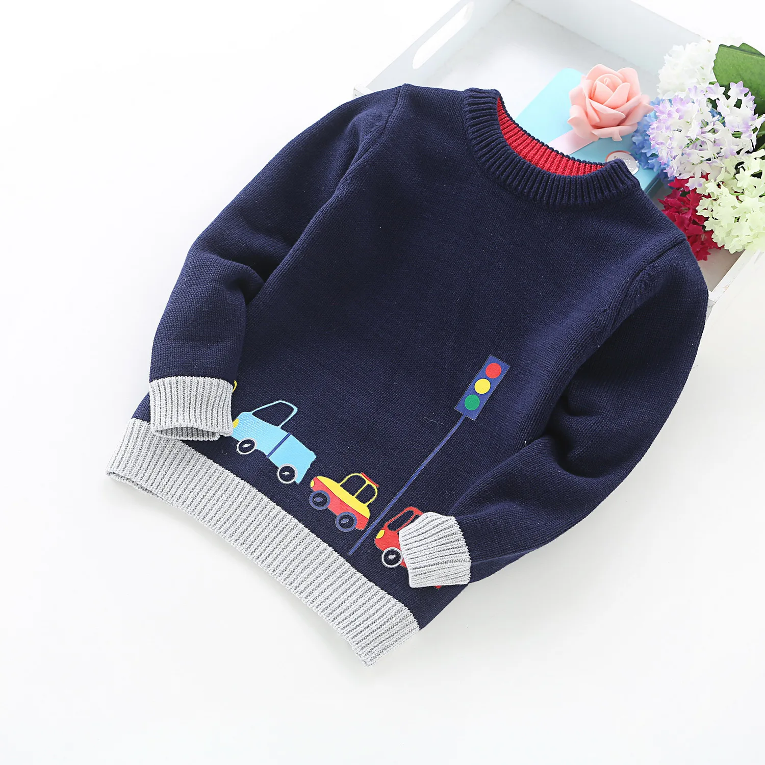 Высокое качество, Новое поступление, свитер для мальчиков Одежда для детей вязаный свитер с машинками пуловер свитер вязаная одежда От 2 до 5 лет детей - Цвет: Синий