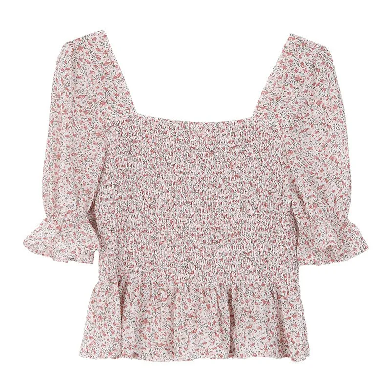 

Summer Vintage French Style Floral Chiffon Blouse Women Square Neck Puffed Crop Smocking Shirt Tops