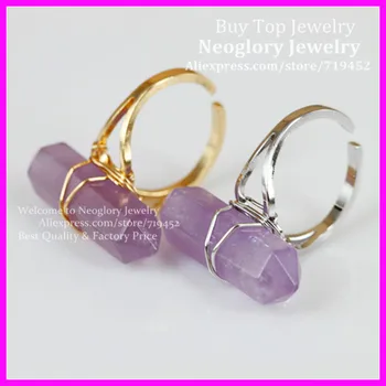 

10pcs Natural Crystal Gems Finger Ring Gold/Silver Plated Wire Wrapped Bail Point Ring Hexagon Reiki Charka Quartz Druzy Ring