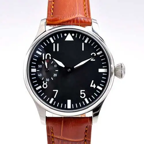 Parnis 44mm black dial luminous black and brown leather strap 6497 hand winding movement Men's watch P1 цена Parnis 44mm black dial luminous black and brown leather strap 6497 hand winding movement Men's watch P1 цены онлайн