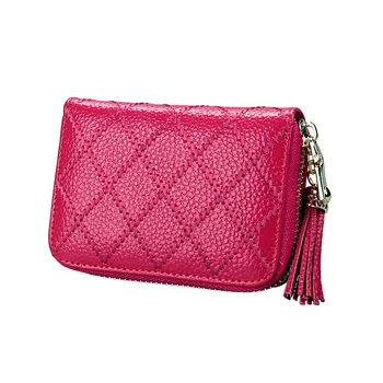 

Genuine Leather Grid Texture Zipper Card Holder Lady Wallet with Tassel