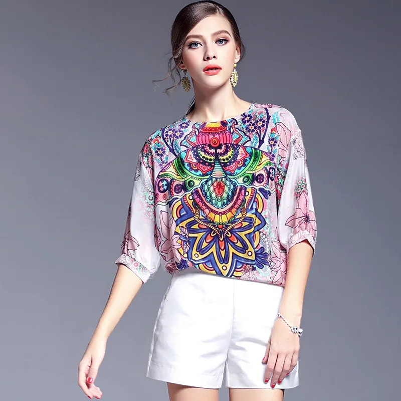 

Women Ladies High Quality Luxurious Silk Blouse Floral Print Bat Sleeve Shirt chemisier femme Junior Tops bluzki haut femme