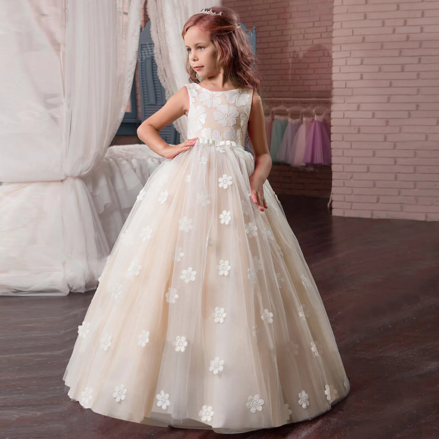 YMING Girls Wedding Party Princess Dress Lace Tutu Dress Tulle Maxi Ball Prom Gown 