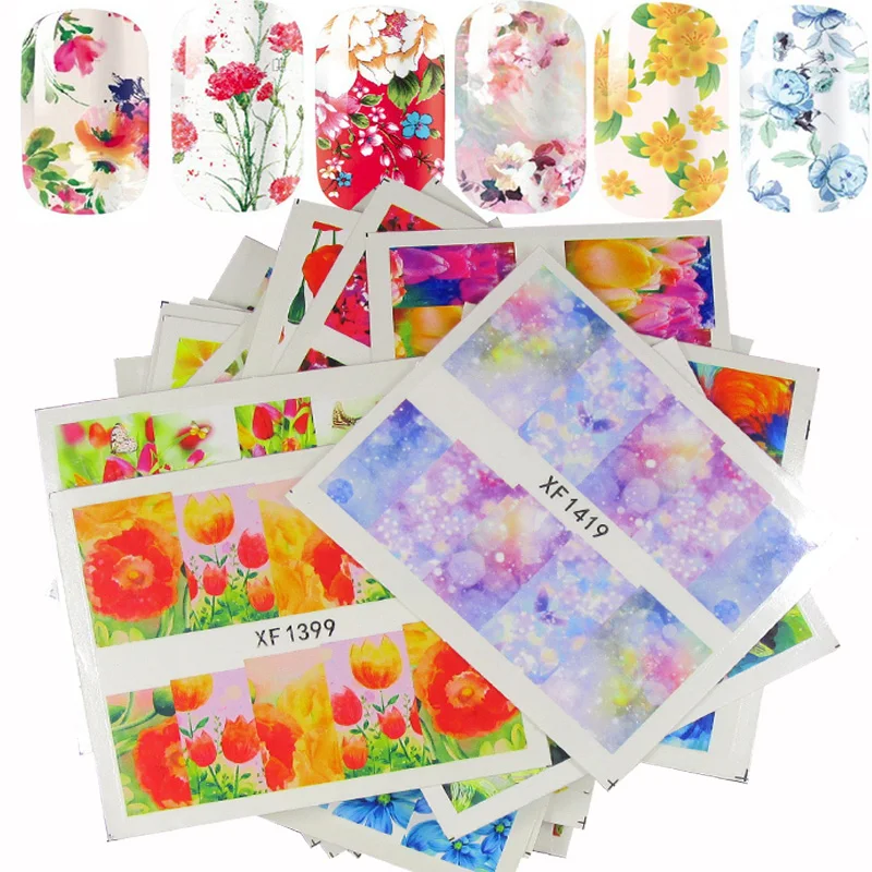 

50Sheet Flower Nail Art Stickers Decals Lotus Rose Starry Butterfly Adhesive Water Nail Decal Transfer Foil Full Cover Stickers