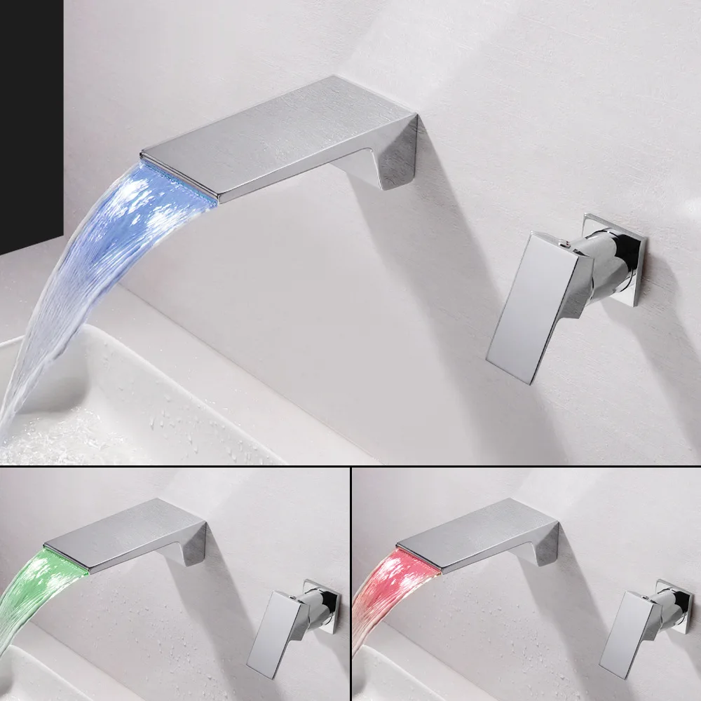 LED Wall Mounted Waterfall Basin Faucets Brass Split Concealed Basin