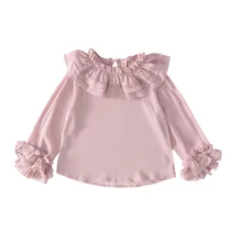 Хлопковая рубашка для девочек; Верхняя одежда без подкладки; шифоновые Аппликации украшения; кружевная рубашка; цвет белый, розовый; сезон весна-осень; блузки для девочек