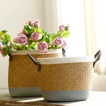 

WHISM Nature Seagrass Storage Basket Rattan Makeup Organizer Wicker Toy Container Handmade Flowerpot Laundry Baskets with Handle
