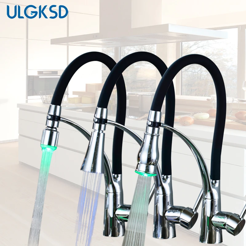 

ULGKSD Kitchen Faucets Pull Out LEDSprayer Vessel Sink Faucets 360 Swivel Cold and Hot Water Kitchen Mixer Tap
