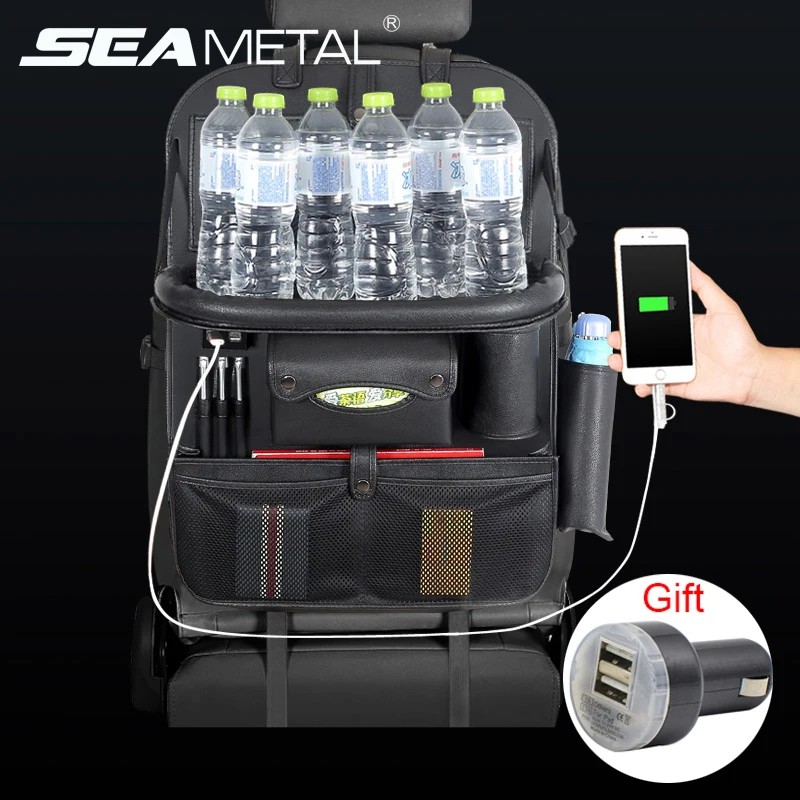 

Gift 2019 Car Interior Storage PU Auto Seat Back Organizer Bag Universal Folding Tray Table Vehicle Cigarette Lighter USB Charge