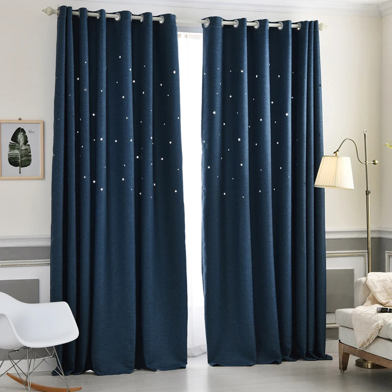 Modern Hollow Star Faux Linen Blackout Curtains For Living Room Bedroom
