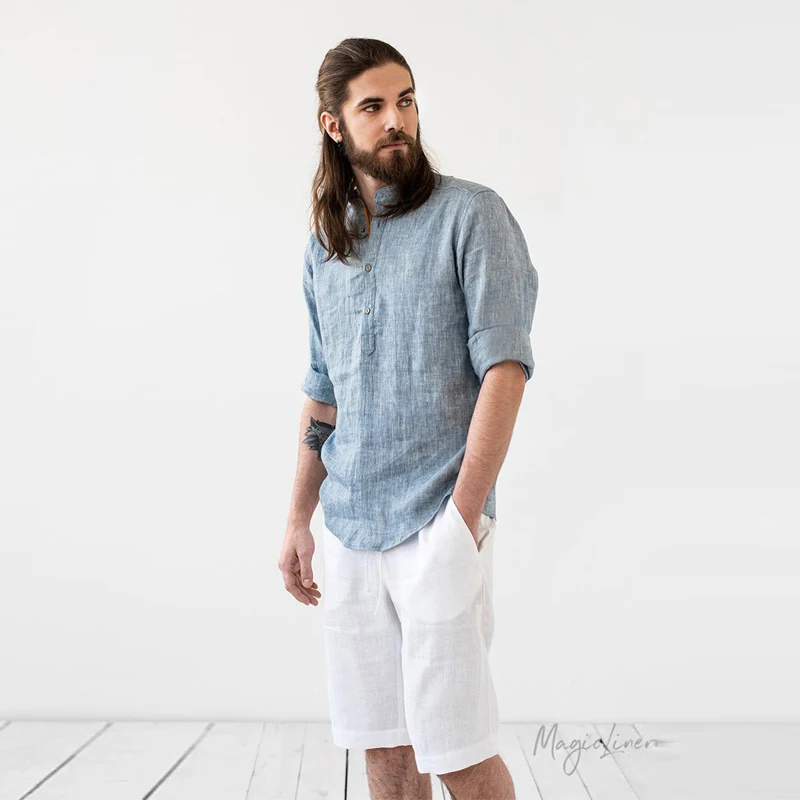 

7 VEILS Mens Summer Natural Linen Cotton Suit Two-piece Short-sleeved Pajamas Set with Pant Sleepwear Loungewear Night Shirt