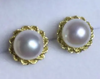 

top quality natural round Australian south sea white pearl earrings yellow gol