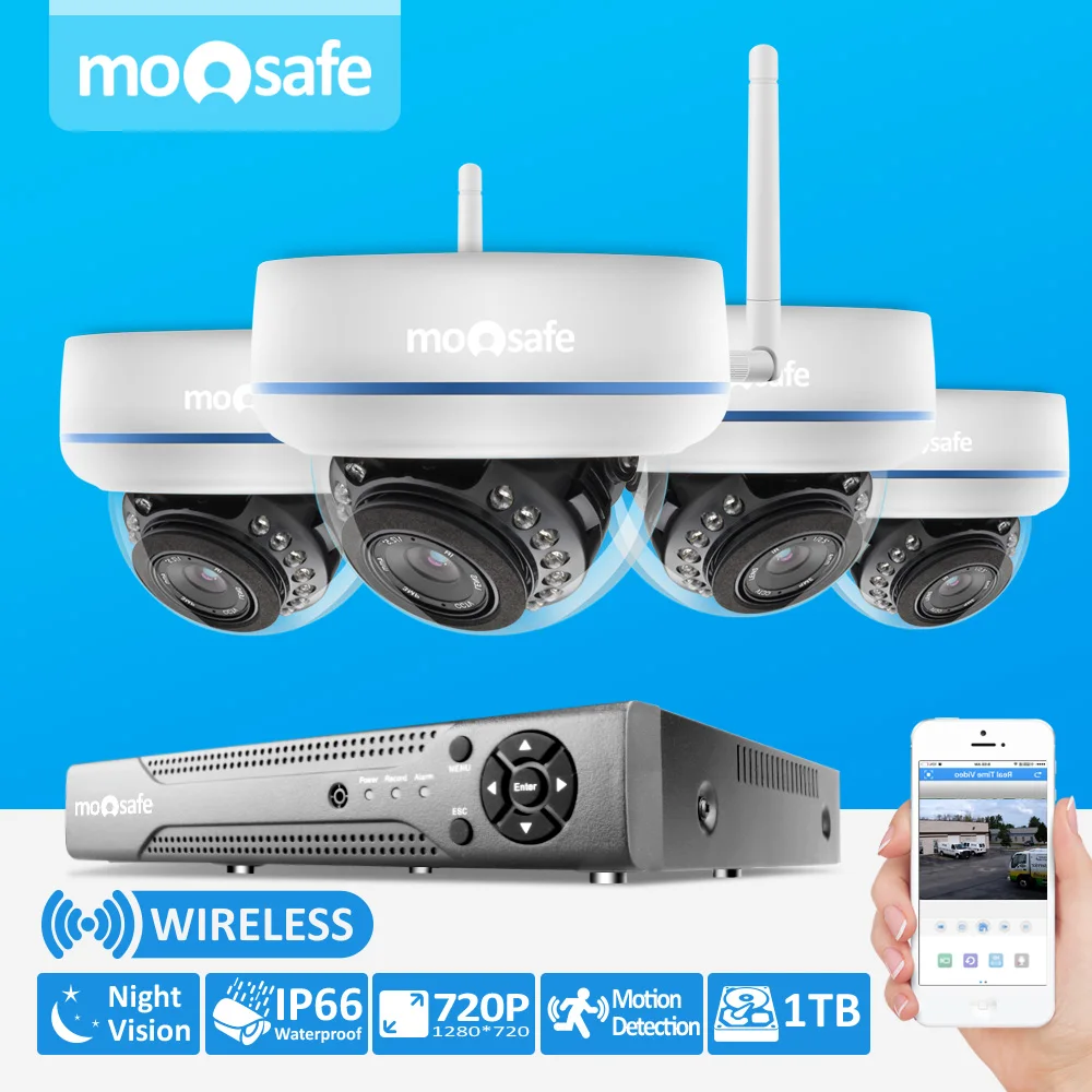 Moosafe 4 pcs 720P wireless cameras HD 1280*720 Wireless Video Security H.264 Onvif Home Surveillance System with 1TB HDD