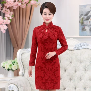 

Free Shipping New Cheongsam Mom Formal Dress Spring Summer Long Sleeve Women Work Wear Fashion Plus Size Mid Old Age Women Cl