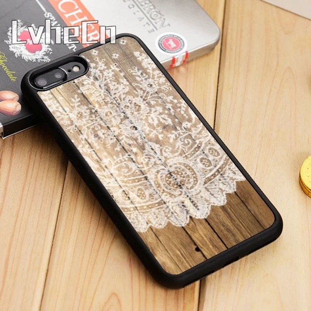 LvheCn белый кружевной чехол Doily x темно-коричневый деревянный для телефона iPhone 5 6s 7 8