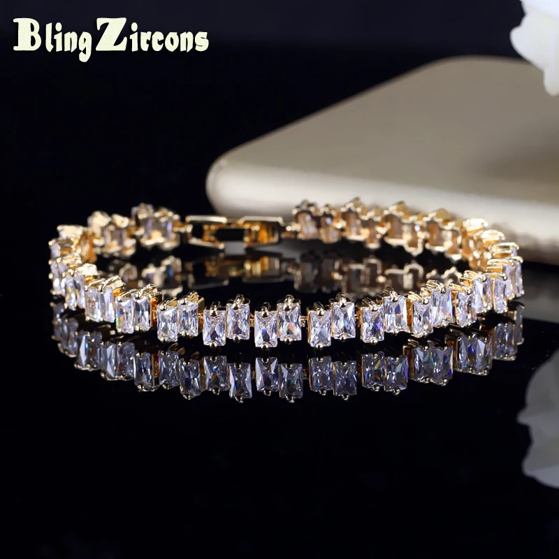 

BeaQueen Brand Gold Color AAA Cubic Zirconia Baguette Chain Bracelets Women Wedding Tennis Bracelet Jewelry for Female B089