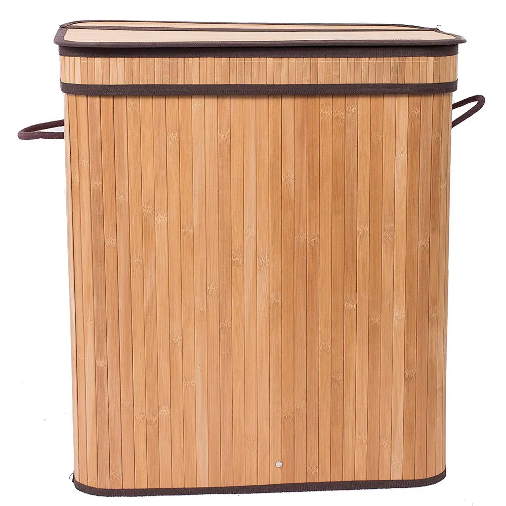 

Foldable Bamboo Hamper Laundry Basket Folding Double Rectangle Dirty Clothes Bin Box with Lid Handle Clothes Storage - US Stock