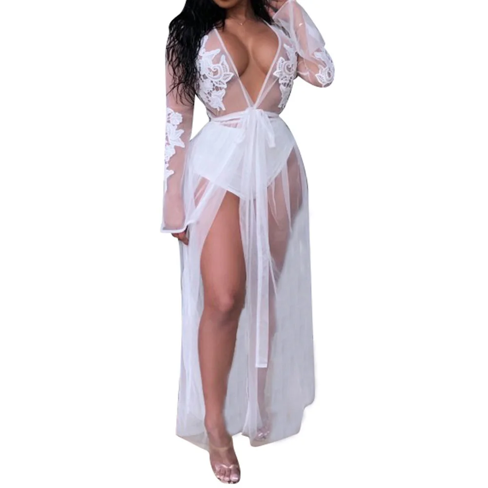 

Holiday Summer Embroidery White Lace Dress Women Boho Sexy V-Neck See Through Mesh Hollow Out Beach Long Dress Cardigan Vestidos