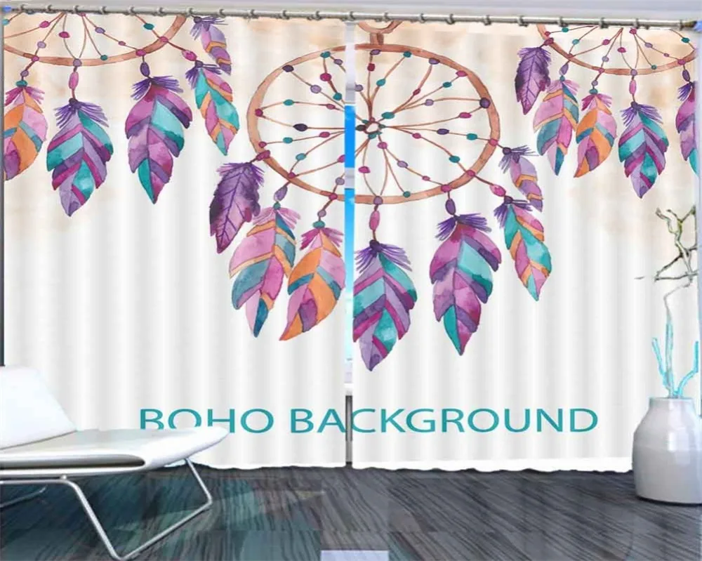 

Bohemian National style watercolor feather 3D Curtains For Bedroom Kids Living Room Drapes Fabric Polyester Set with Hooks