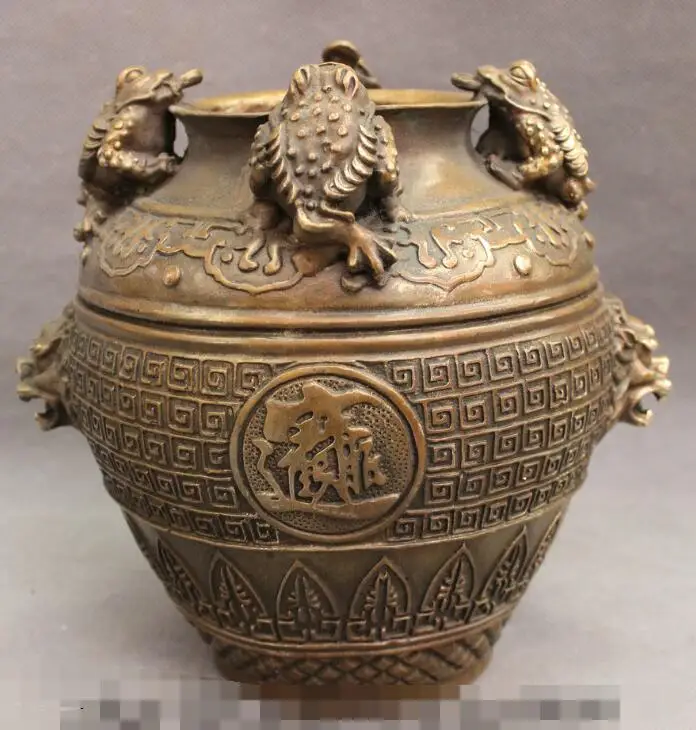 

S03344 9" Chinese Bronze Copper Wealth 4 Hoptoad Toad Lion Head Statue Jar Tank Pot