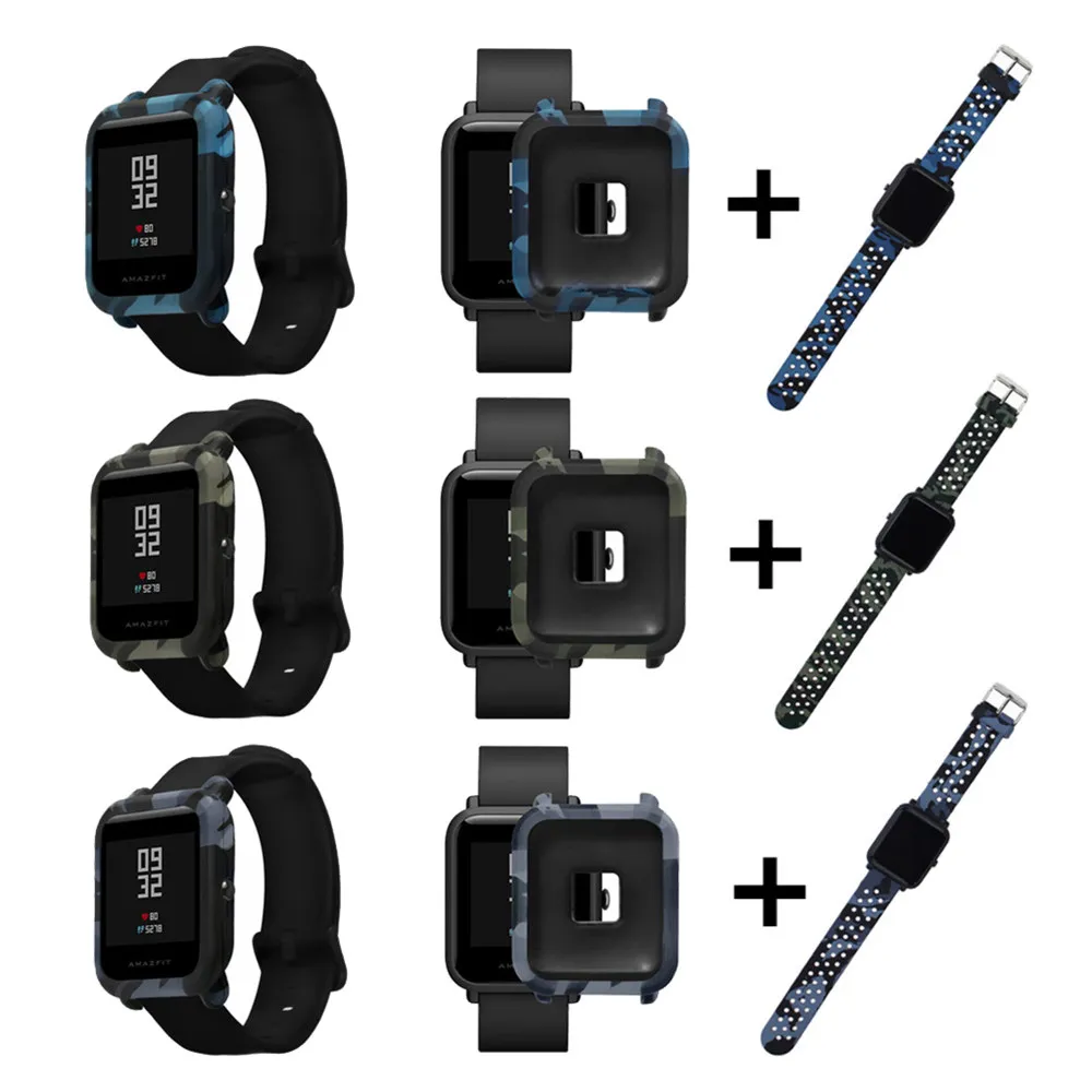 

For Amazfit Bip Strap Camouflage Watchband For Xiaomi Amazfit Bip Youth TPU Case Cover + Silicone Bracelet Replacement Wristband