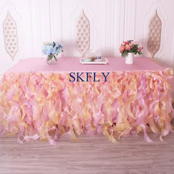 

CL010U wedding color mixed 6ft 30'' wide, 72'' long, 30'' drop, pink and gold organza curly willow table cloth with top
