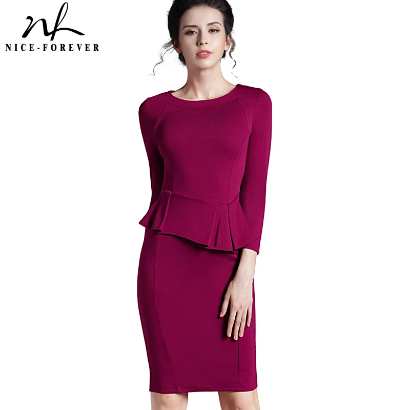 

Nice-Forever Women Vintage 3/4 sleeve Peplum zipper Office vestidos Business Party Evening Casual Pencil Office Dress g635