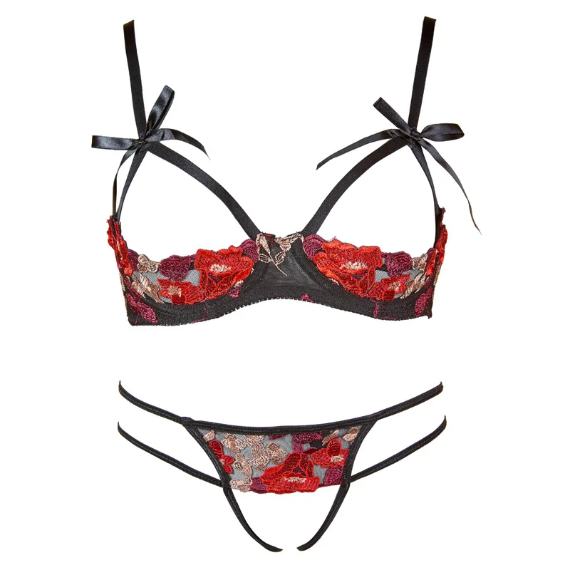 

Sexy Lingerie Open Bra Crotchless Rose Lace Embroidery Bra with Panties Suit Women Sexy Underwear Set Lenceria Femenina