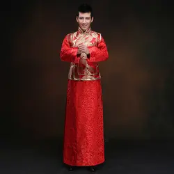 Китайский традиционный свадебный жених Cheongsam Топ Красный сатиновое платье-Ципао для мужчин китайский дракон костюм Hanfu вышитые s костюмы