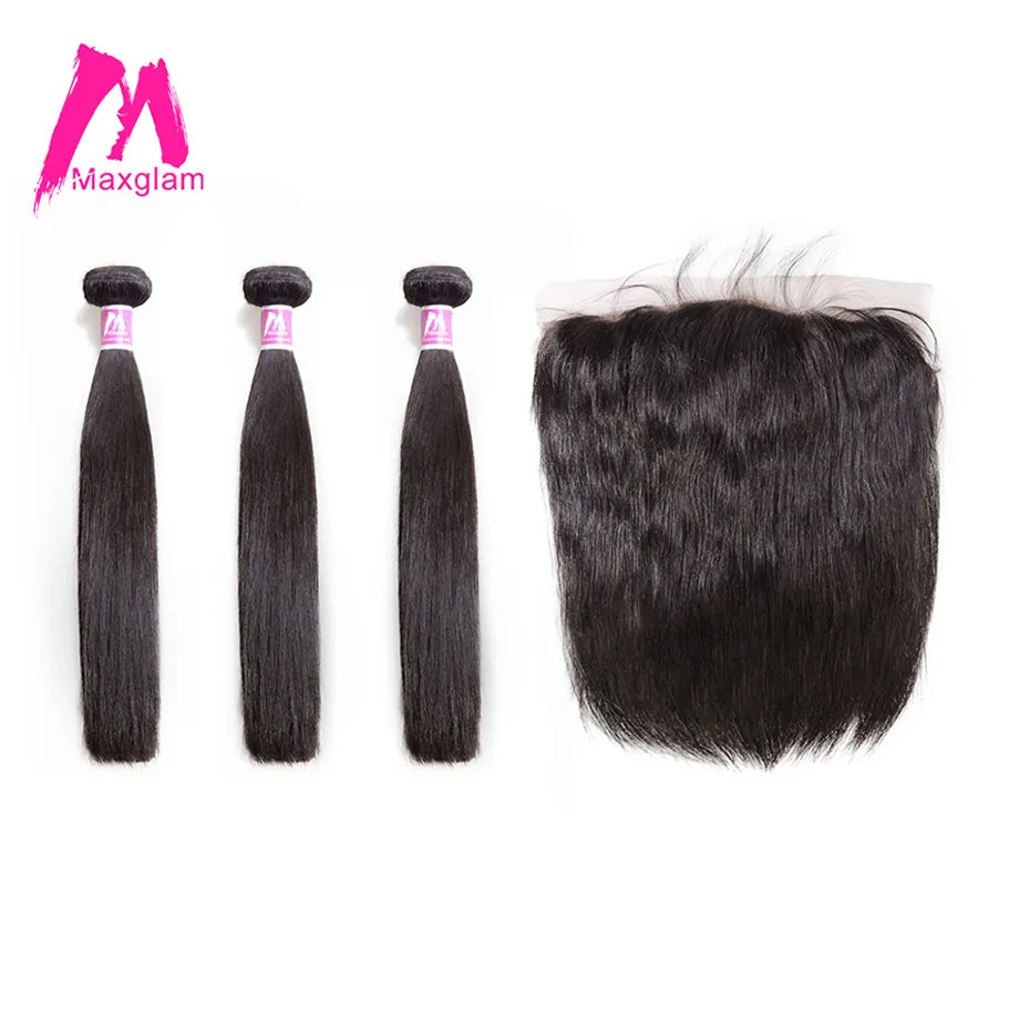 

Maxglam Brazilian 3 Human Hair Bundles with Frontal Straight Remy Lace Frontal Closure with Bundles Hair Extension Free Shipping