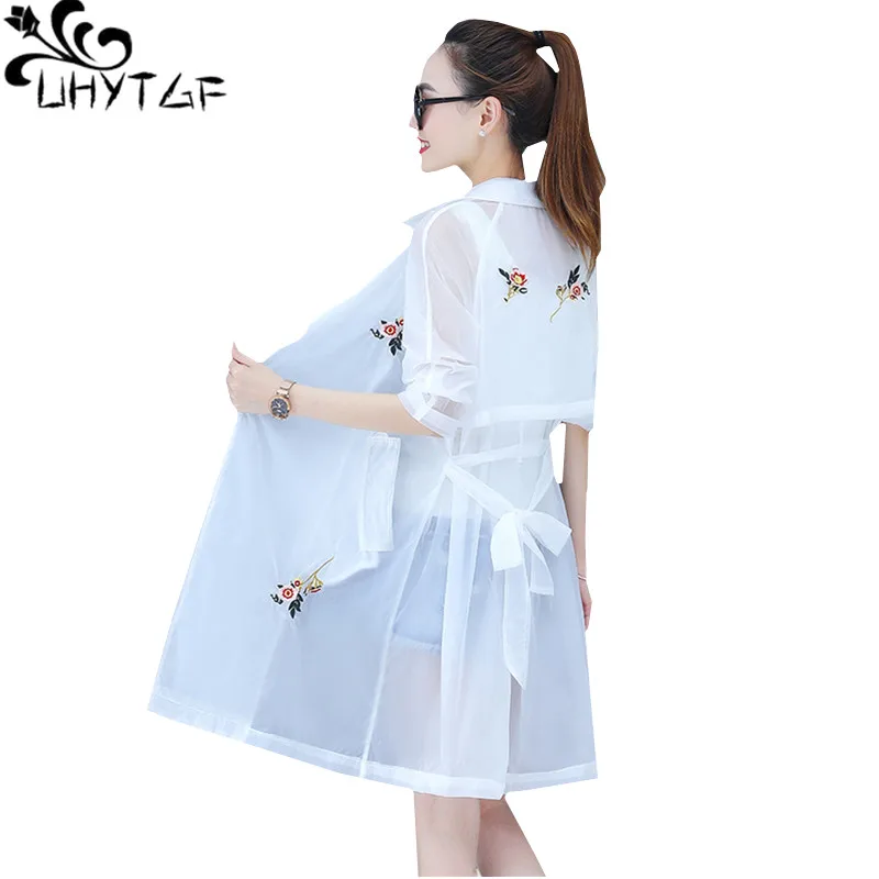 discounted  UHYTGF Summer tops coat women New embroidery plus size Sun protection clothing thin jacket Anti-UV 