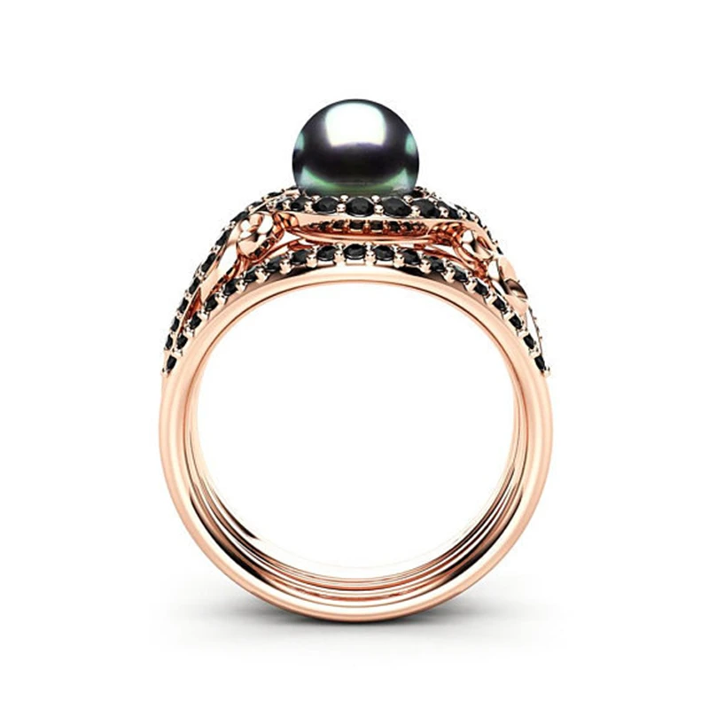 Модные кольца Huitan из розового золота с искусственным жемчугом, циркониевое кольцо с черным камнем, набор обручальных колец 2 в 1, женские кольца
