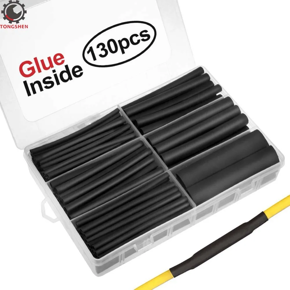 

130pcs 3:1 Black Shrink Ratio Dual Wall Adhesive Heat Shrink Tubing Tube kit Cable Sleeve Tube Assort 6 Sizes 3/16" 1/8" 3/
