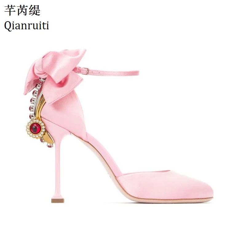 

Qianruiti Summer Pink Butterfly-Knot High Heels Women Sandals Ankle Buckle Strap Women Pumps Bling Crystal Bridal Wedding Shoes
