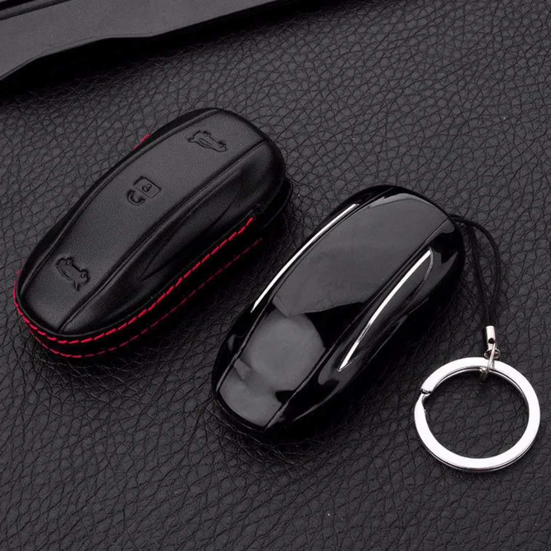 Black Leather Anti-drop Key Case  Holder For Tesla Model S Model X Automobile Remote Covers Shell Car Accessories Car-styling