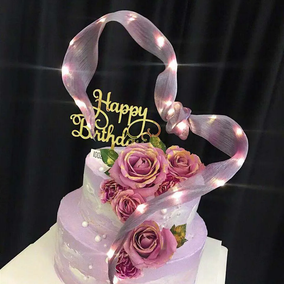 

Baking cake top hat decoration INS wind ribbon streamer light bulb insert Creative hand Birthday wedding party dress up