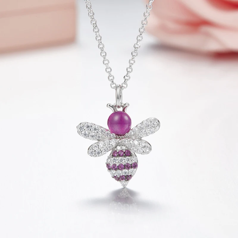 

925 Sterling Silver Inlaid Zircon Fashion Pink Bee Necklace Fits Monaco Jewelry with Ladies Party Gift