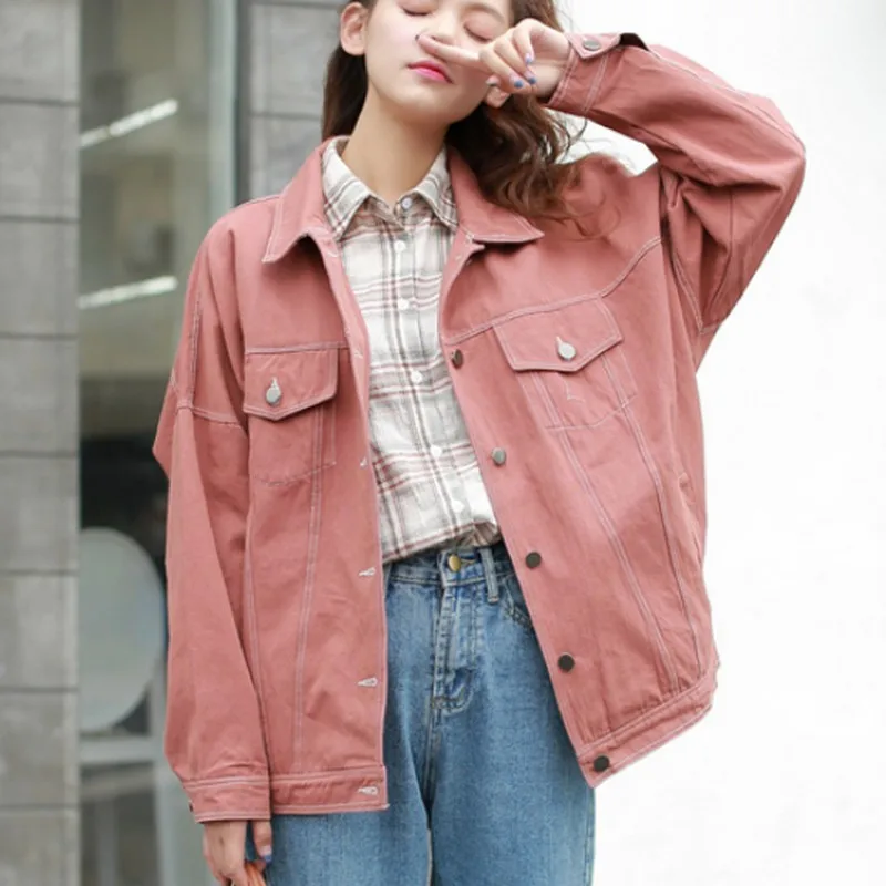 Casual Fashion Candy Colors Jean Jacket Women Korean Loose Pocket Denim Coat Women Minimalism Denim Jacket Woman Autumn 2019