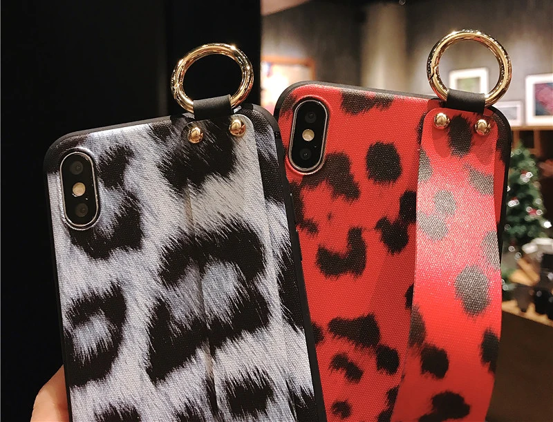 6 SoCouple Leopard Print Phone Case For iphone XS Max XR X Case For iphone 6 6s 7 8 plus Back Cover Wrist Strap Soft TPU Cases