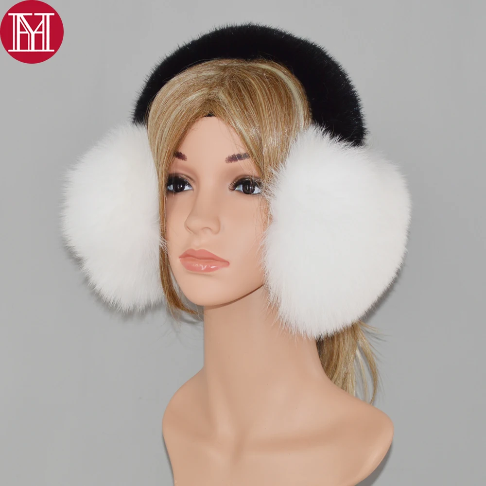 100 Natural Real Fox Fur Earmuffs Winter Women Warm Plush Big Fox Fur