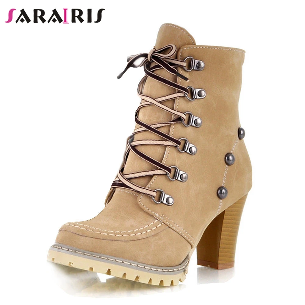 

SARAIRIS New Solid Metal Decoration Square High Heels Lace Up Shoes Woman Casual Autumn Winter Ankle Boots Big Size 34-43
