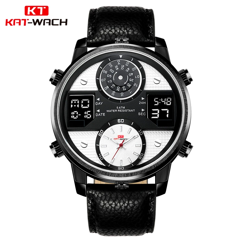 

KAT-WACH Men Watch Analog LED Digital Watches Clock Leather Creative Small Pointer Dial Waterproof Wristwatch Relogio Masculino