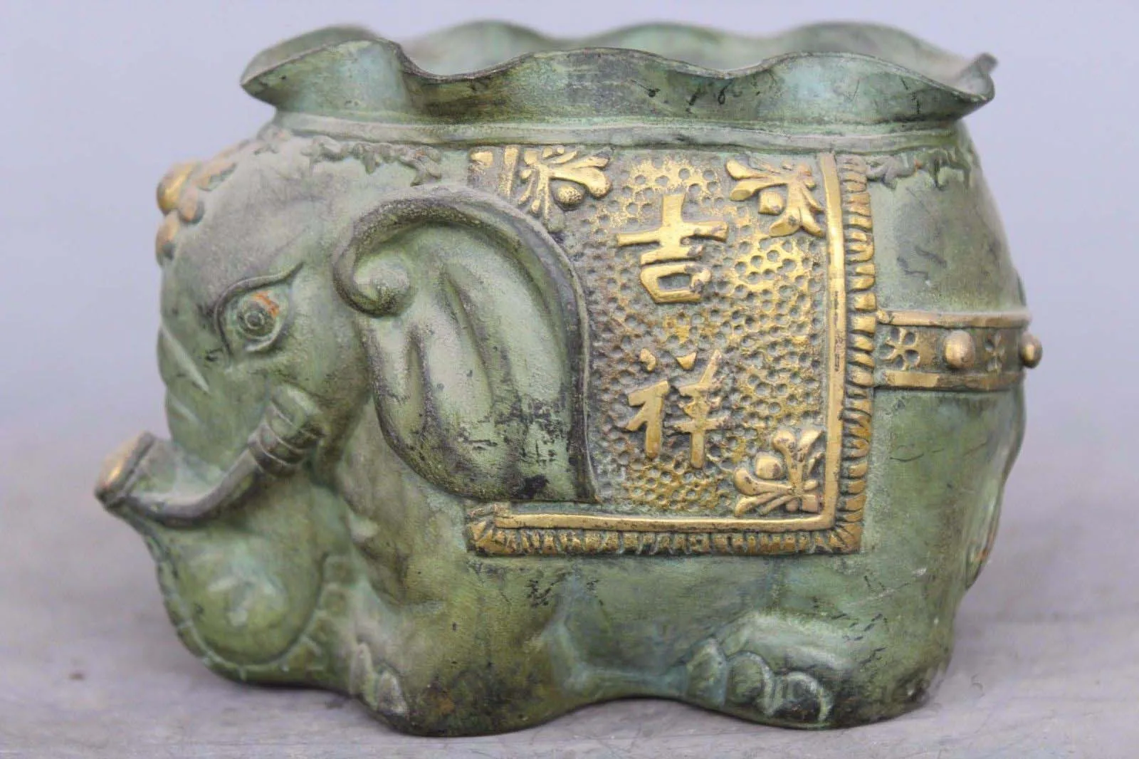 

Marked Chinese Feng Shui Bronze Gilt Elephant Auspicious Lucky Pot Jar Crock