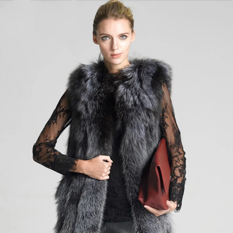  Hot silver Real Fox Fur Vest Winter Women Casual Warm Ladies Fur Coat bayan ceket long Sleeveless Fur Jacket Outerwear Clothing