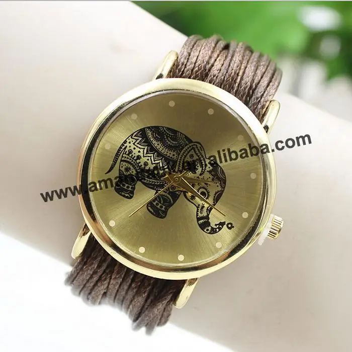 Мода слон кварцевые часы Многослойные веревки кожаный браслет Часы Для женщин Повседневное модные золотые Обёрточная бумага вокруг наручные часы